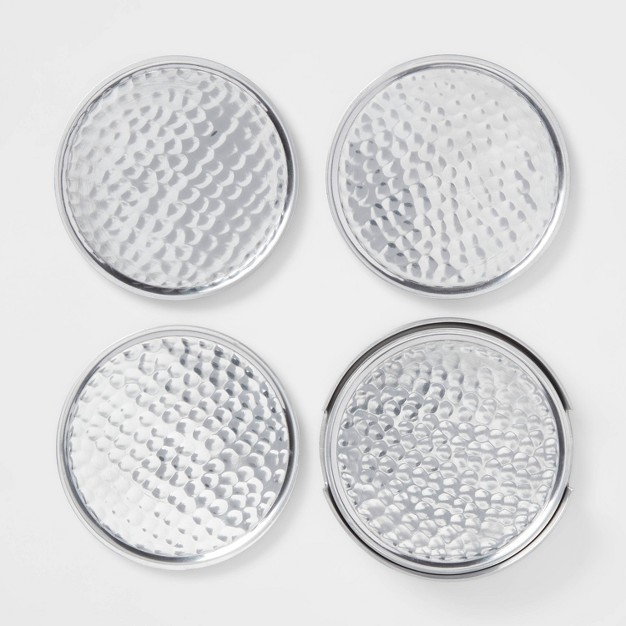 4pk Metal Coasters With Holder Silver