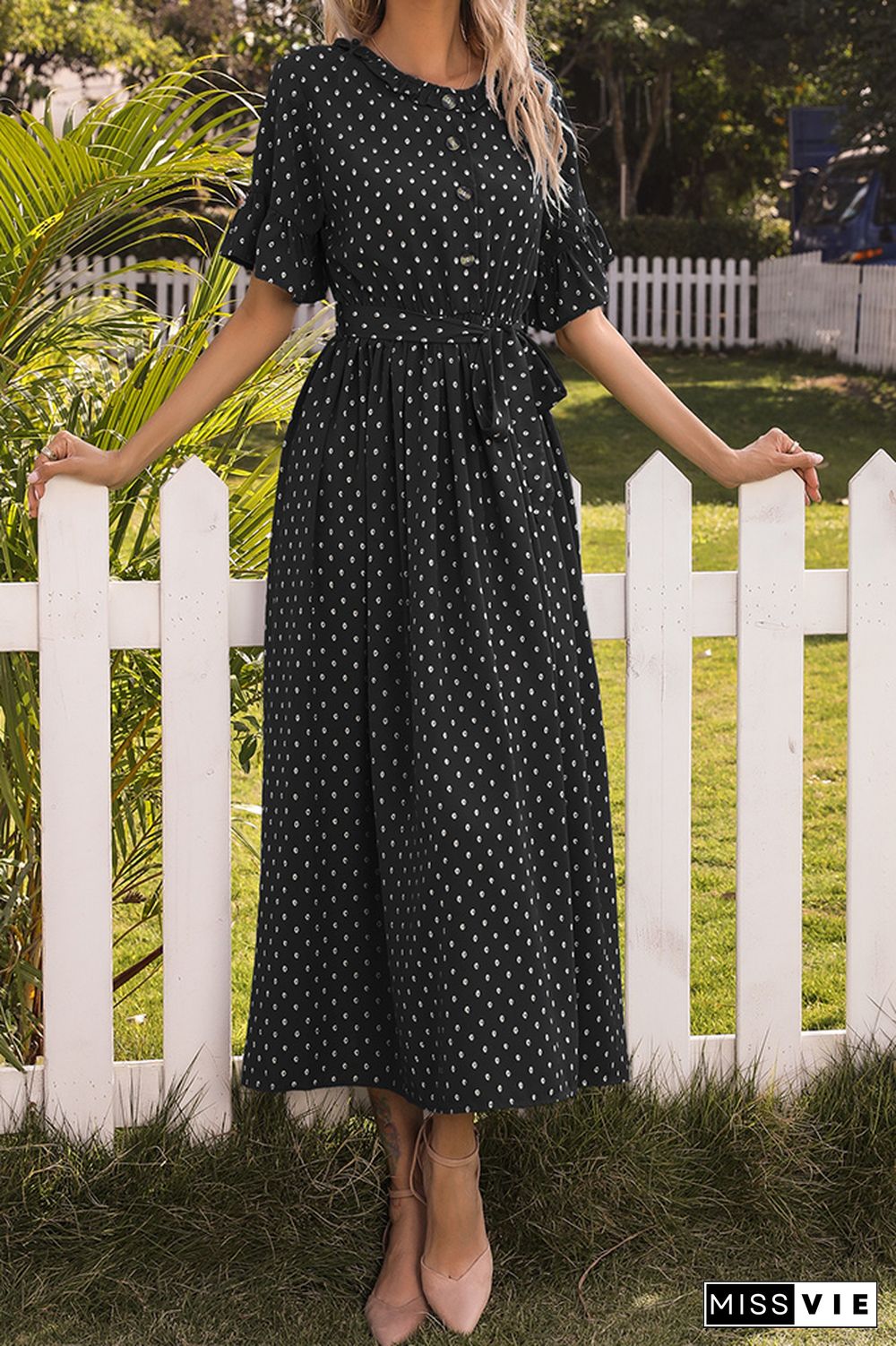 Ruffle Sleeves Polka Dot Buttoned Long Dress