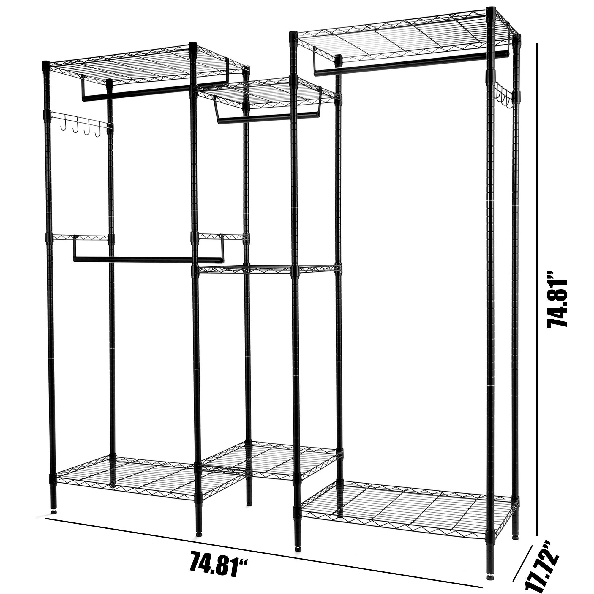 Closet Rack,Wire Metal Clothing Rack, Heavy Duty Removable Sliding Hanging Rods and Side Hooks, with Rods and Side Hooks Load 750Lbs, Black