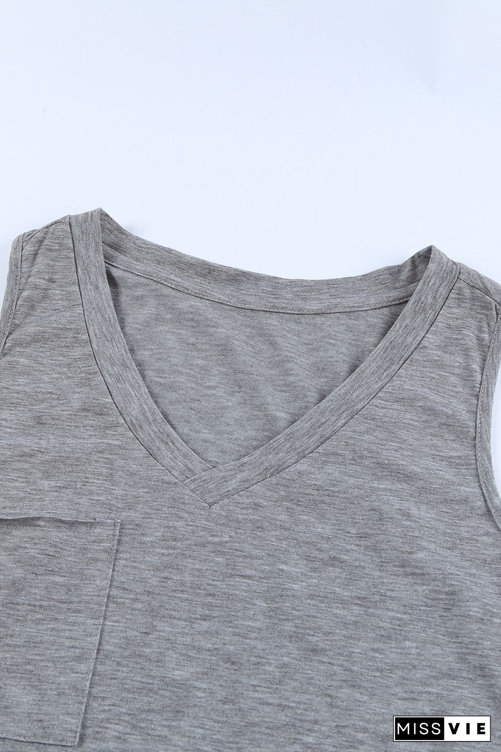 Gray V Neck Racerback Tank Top with Pocket