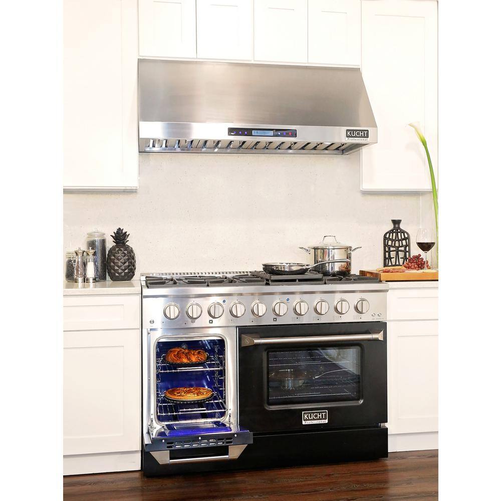 Kucht Custom KNG 48 in. 6.7 cu. ft. LP Ready Double Oven Gas Range with Convection in Black with Black Knobs and Gold Handle KNG481LP-K-GOLD