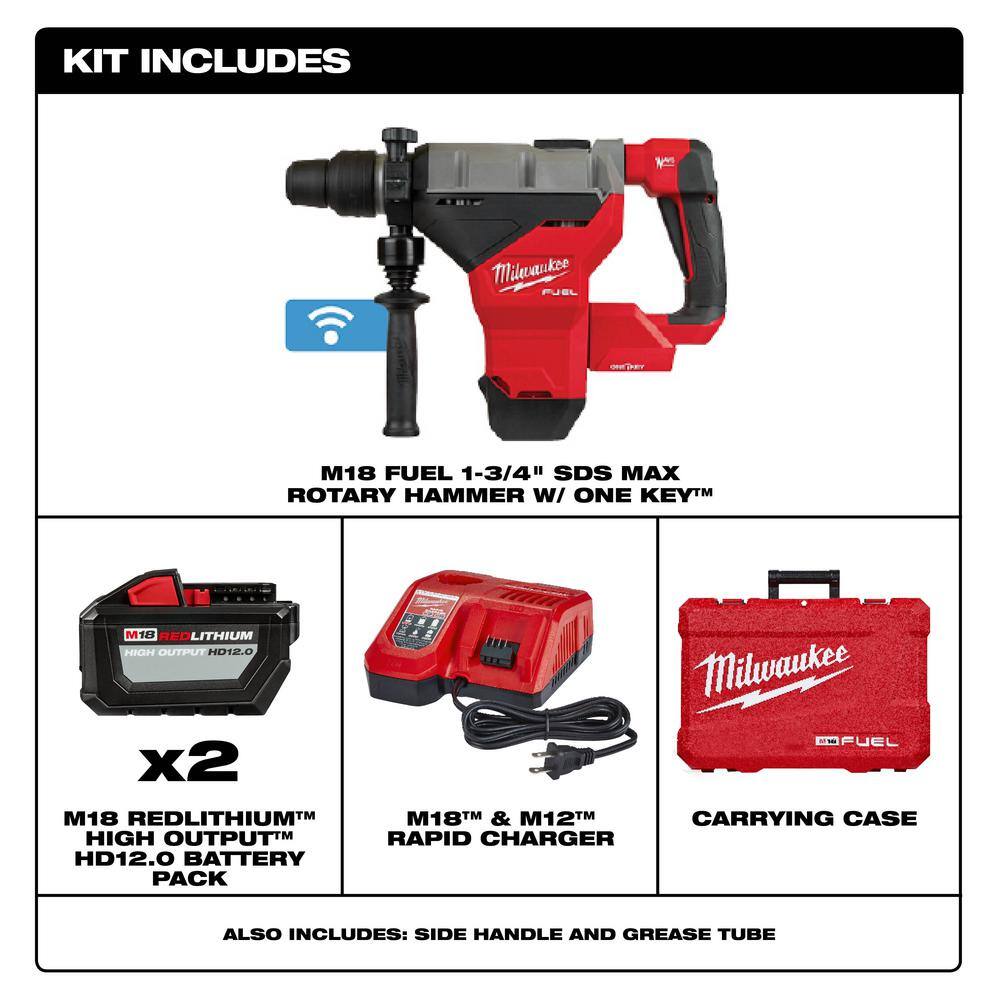 MW M18 FUEL ONE-KEY 18V Lithium-Ion Brushless Cordless 1-34 in. SDS-MAX Rotary Hammer with Two 12.0 Ah Battery 2718-22HD