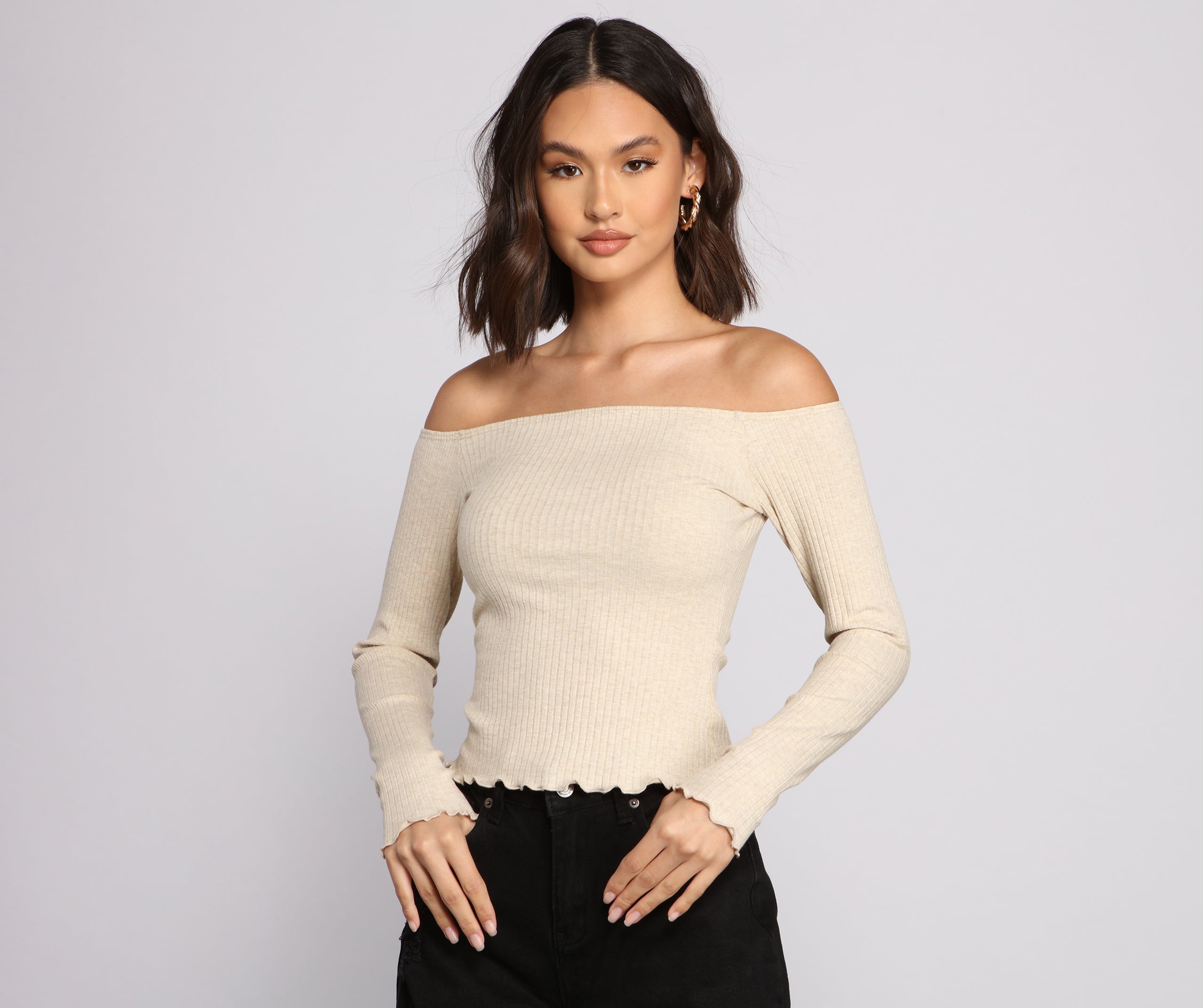 Off The Shoulder Long Sleeve Ribbed Knit Top