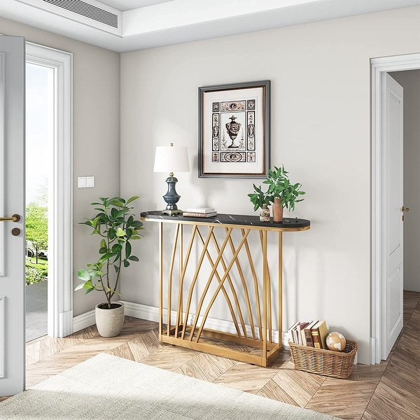 Luxurious Gold Console Table， Faux White Marble and Metal