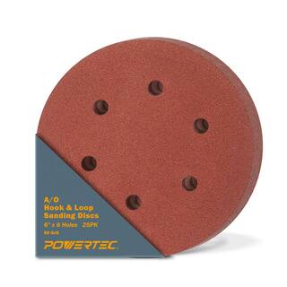 POWERTEC 6 in. 60-Grit Aluminum Oxide Hook and Loop 6 Hole Disc (25-Pack) 45206