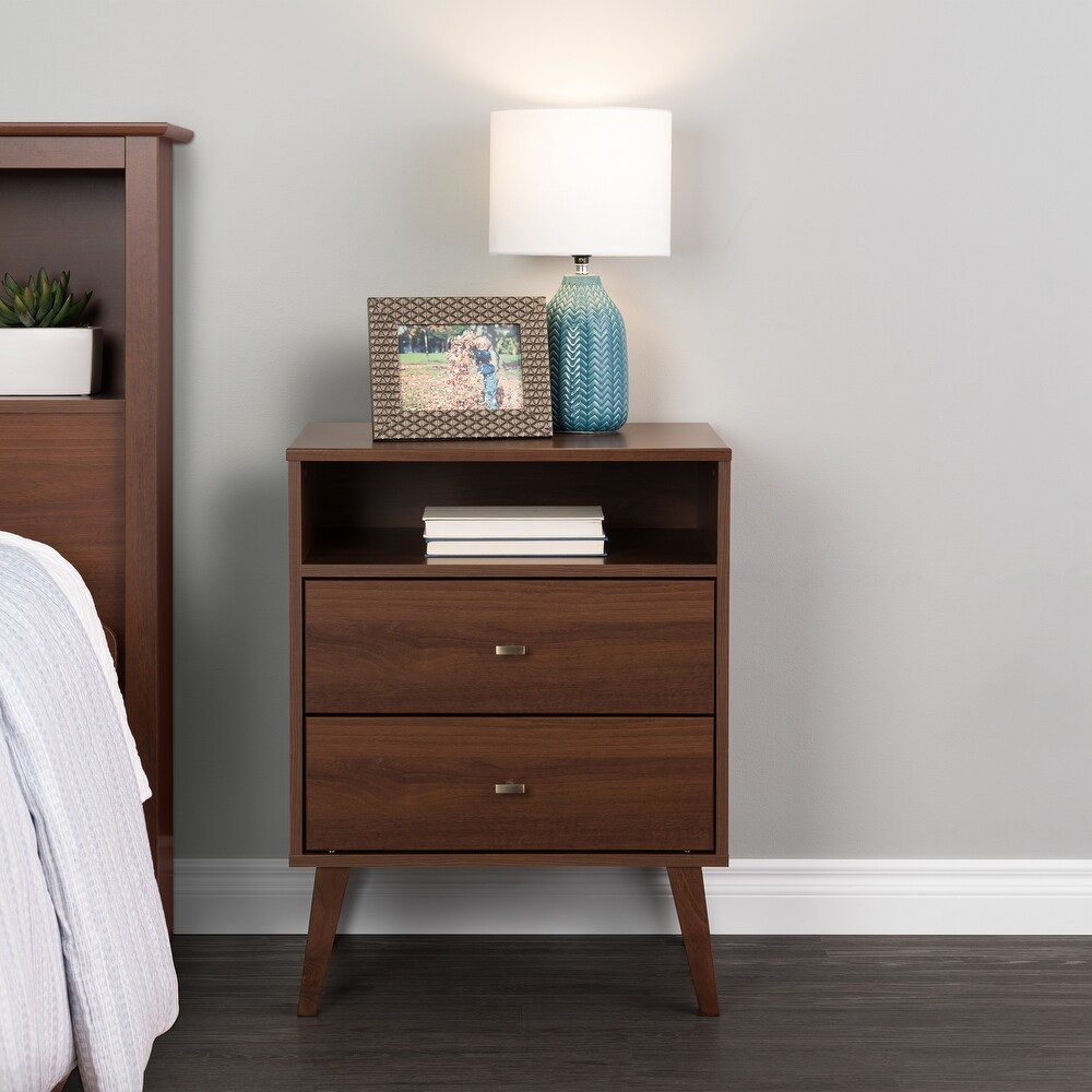 Prepac Milo Mid Century Modern 2 Drawer Nightstand with Open Shelf  Bedside Table  Contemporary Bedroom Furniture