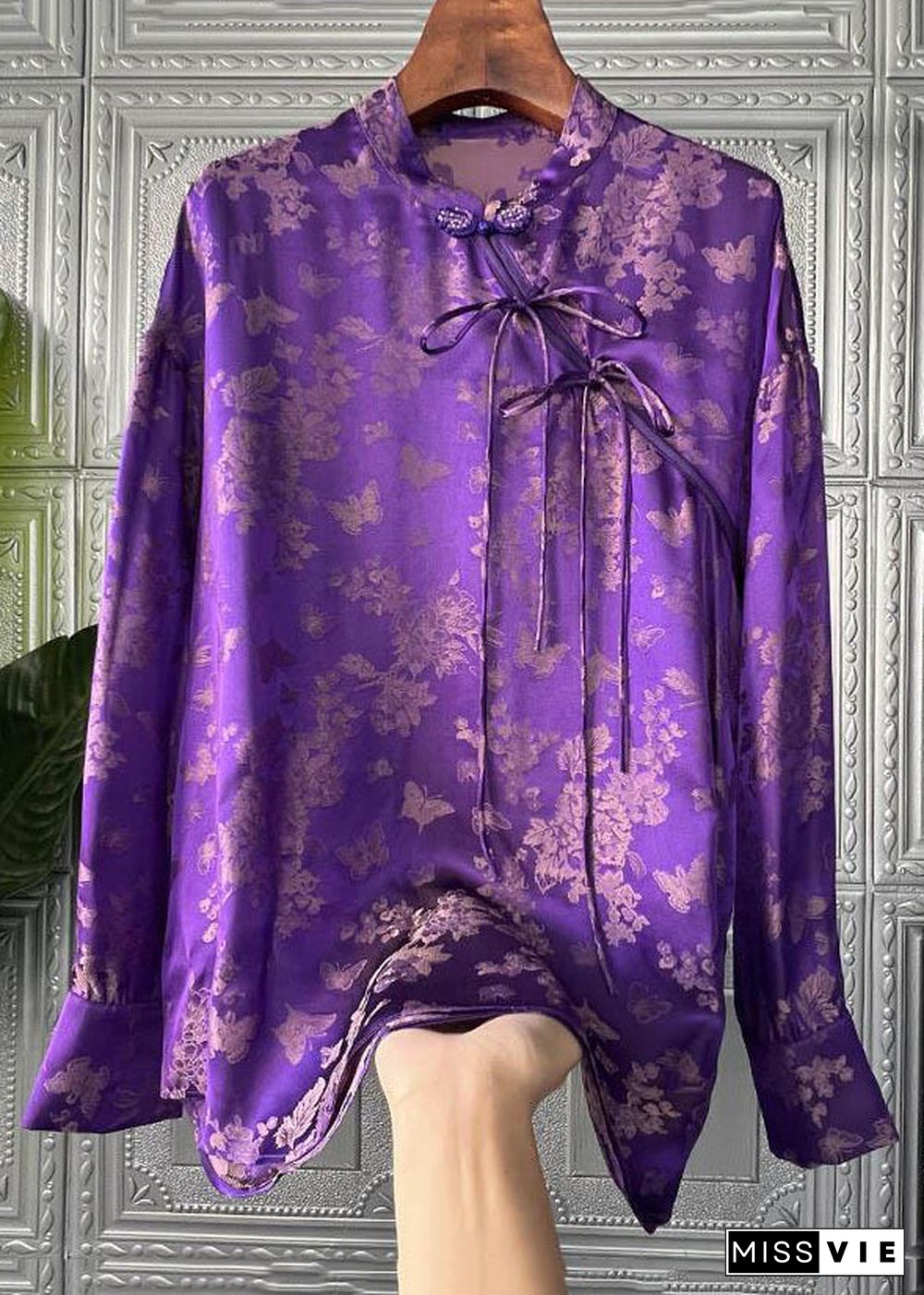 Women Purple Print Lace Up Patchwork Silk Shirts Long Sleeve