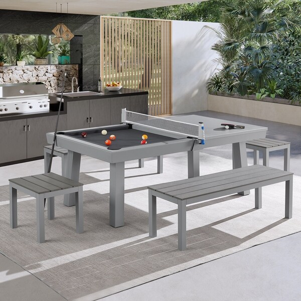 Newport Outdoor Patio 7ft Slate Pool Table 6Seater Dining Set with 4 Benches and Accessories，Cement Finish