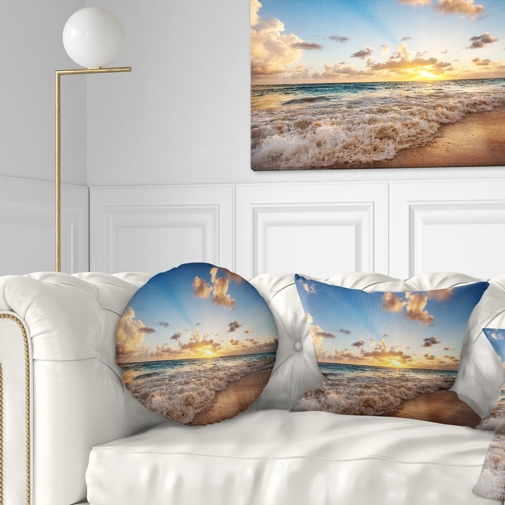 Designart 'Sunrise on Beach of Caribbean Sea' Seashore Throw Pillow