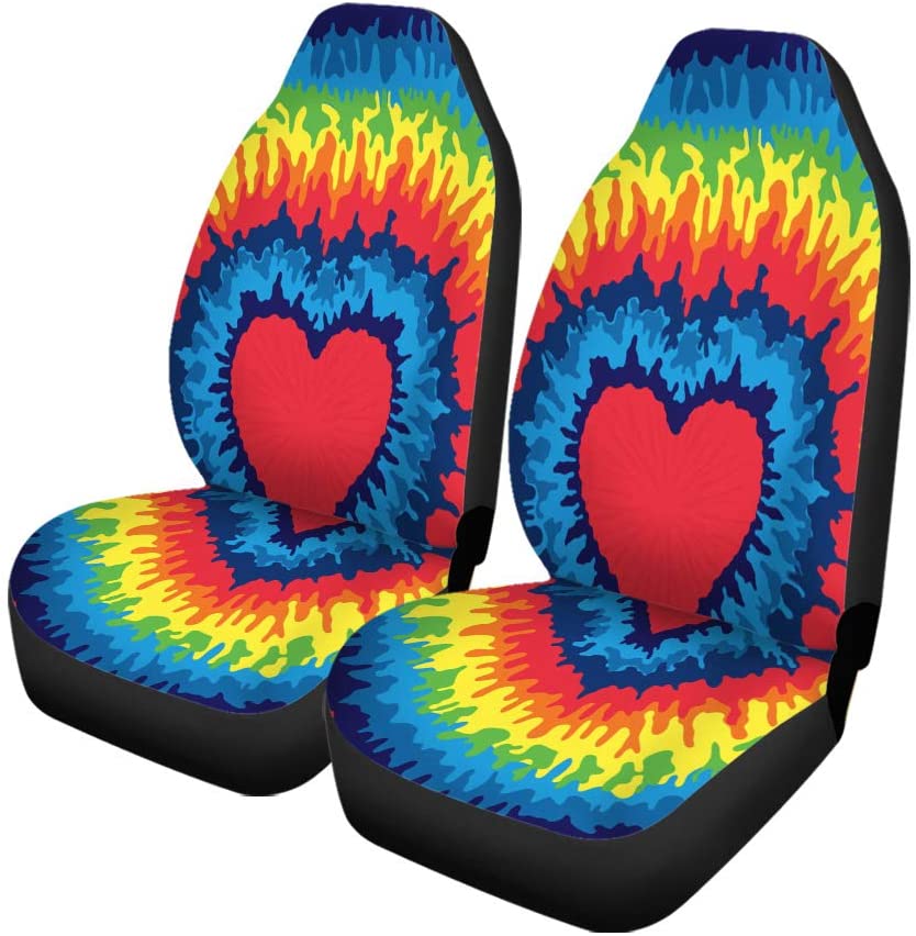 KXMDXA Set of 2 Car Seat Covers Blue Pattern Heart Love Rainbow Tie Dye Colorful Tye Universal Auto Front Seats Protector Fits for Car，SUV Sedan，Truck