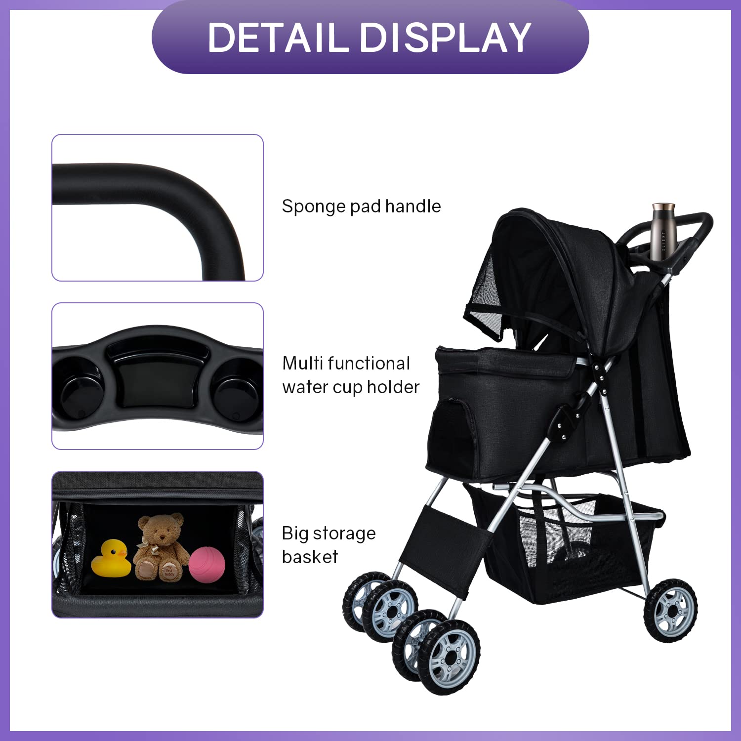 BestPet Pet Stroller Dog Cat Stroller Folding Lightweight Travel Stroller with Cup Holder (Black， 4 Wheels)