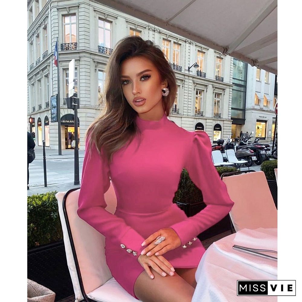 Ocstrade Long sleeve Bandage Dress New Arrival Draped Hot Pink Bandage Dress Bodyon Women Sexy Long Sleeve Club Party Dress