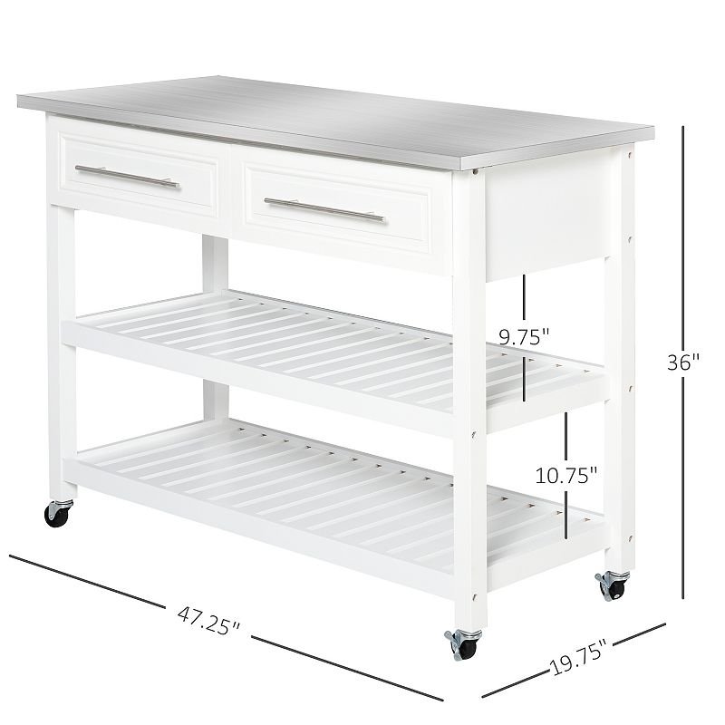 HOMCOM Stainless Steel Top Kitchen Island Rolling Utility Trolley Cart with Stainless Steel Top   White