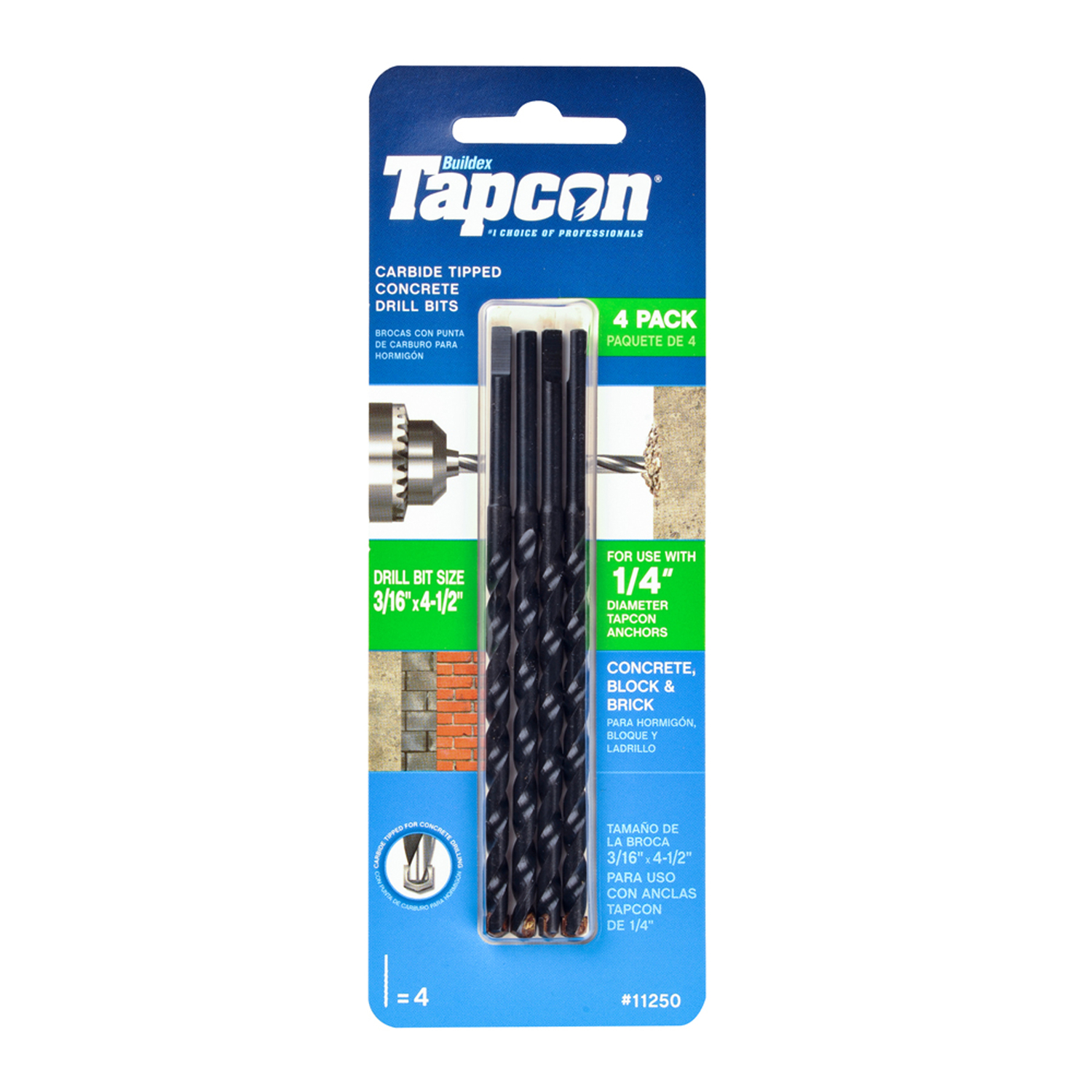 Tapcon 3/16 in. X 4-1/2 in. L Carbide Tipped Concrete Drill Bit Set 4 pk