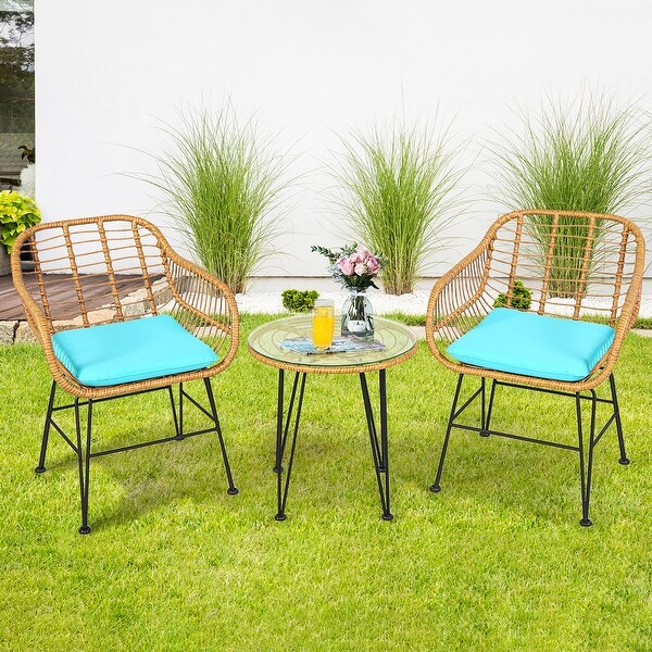 3 PCS Patio Bistro Set Rattan Conversation Set with Round Coffee Table