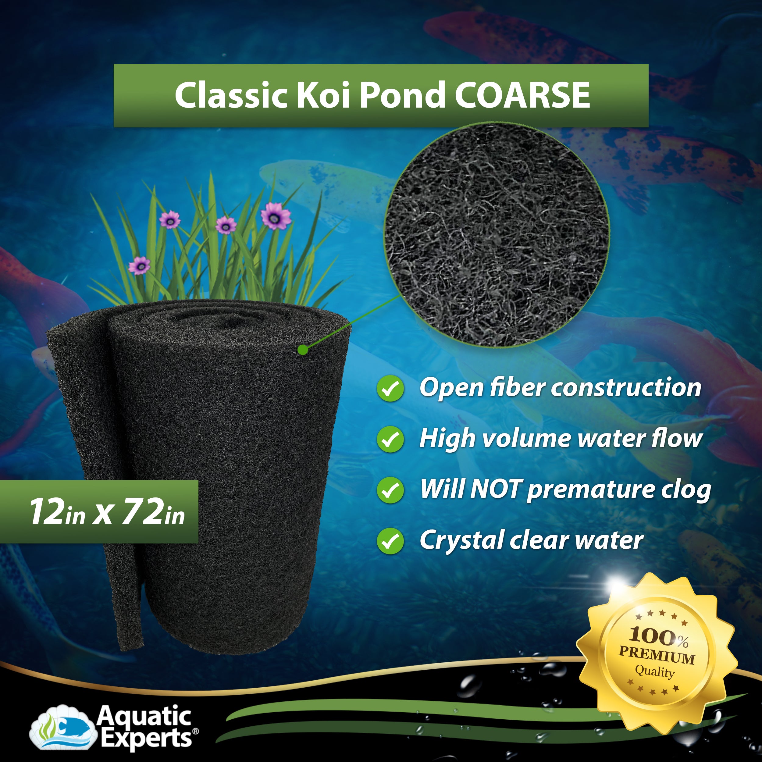 Aquatic Experts - Classic Black Koi Pond Filter Pad， Coarse Filter Pad， Bulk Roll， 12