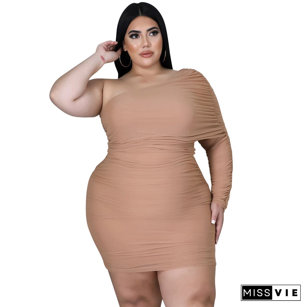 Plus Size Mesh Solid Single Sleeve Bodycon Dress