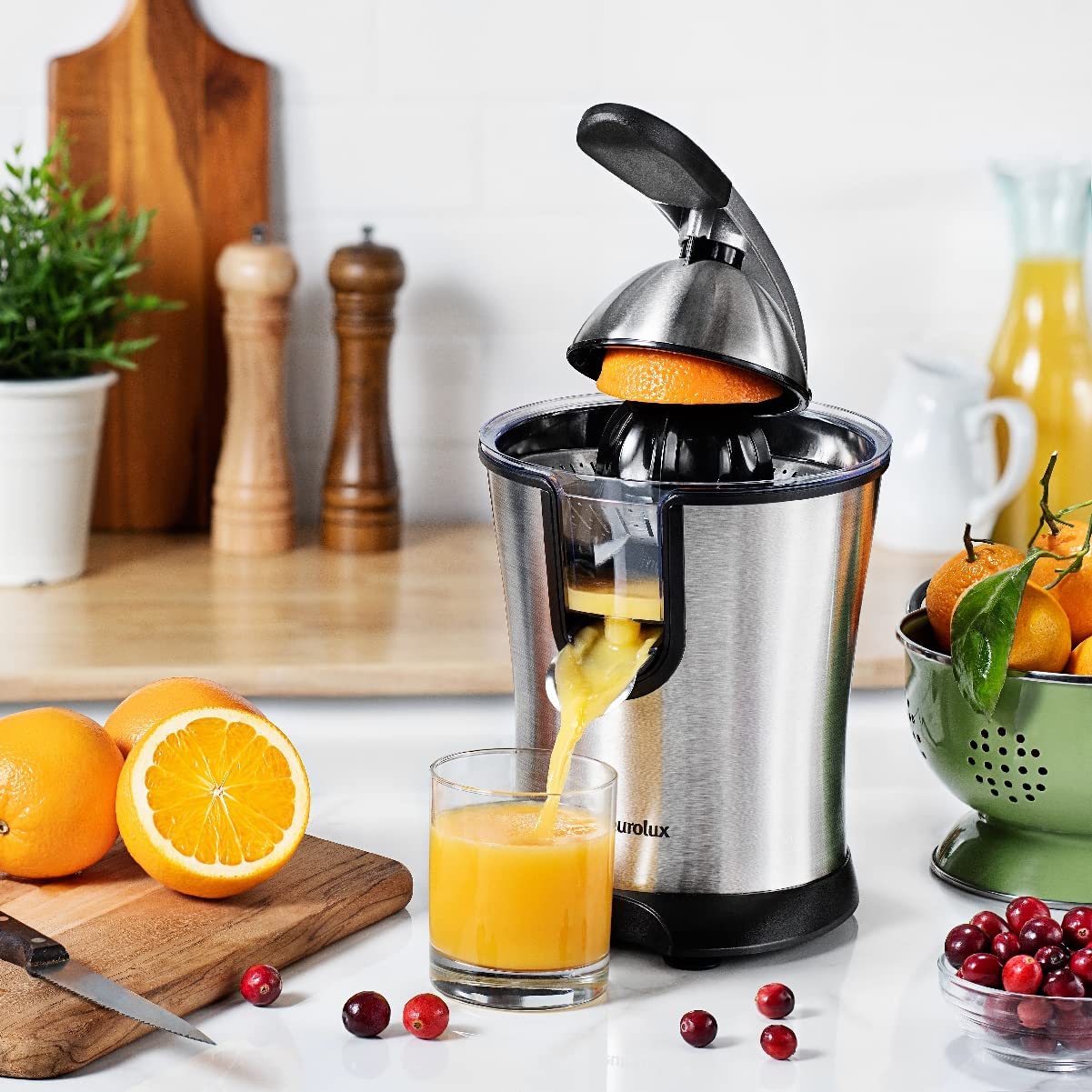 Eurolux ELCJ-1600 Electric Citrus Juicer - Powerful Electric Oranges Juicer and for Lemons with New and Improved Juicing Technology - Stainless Steel Orange Juicer with Soft Grip Handle and Cone Lid