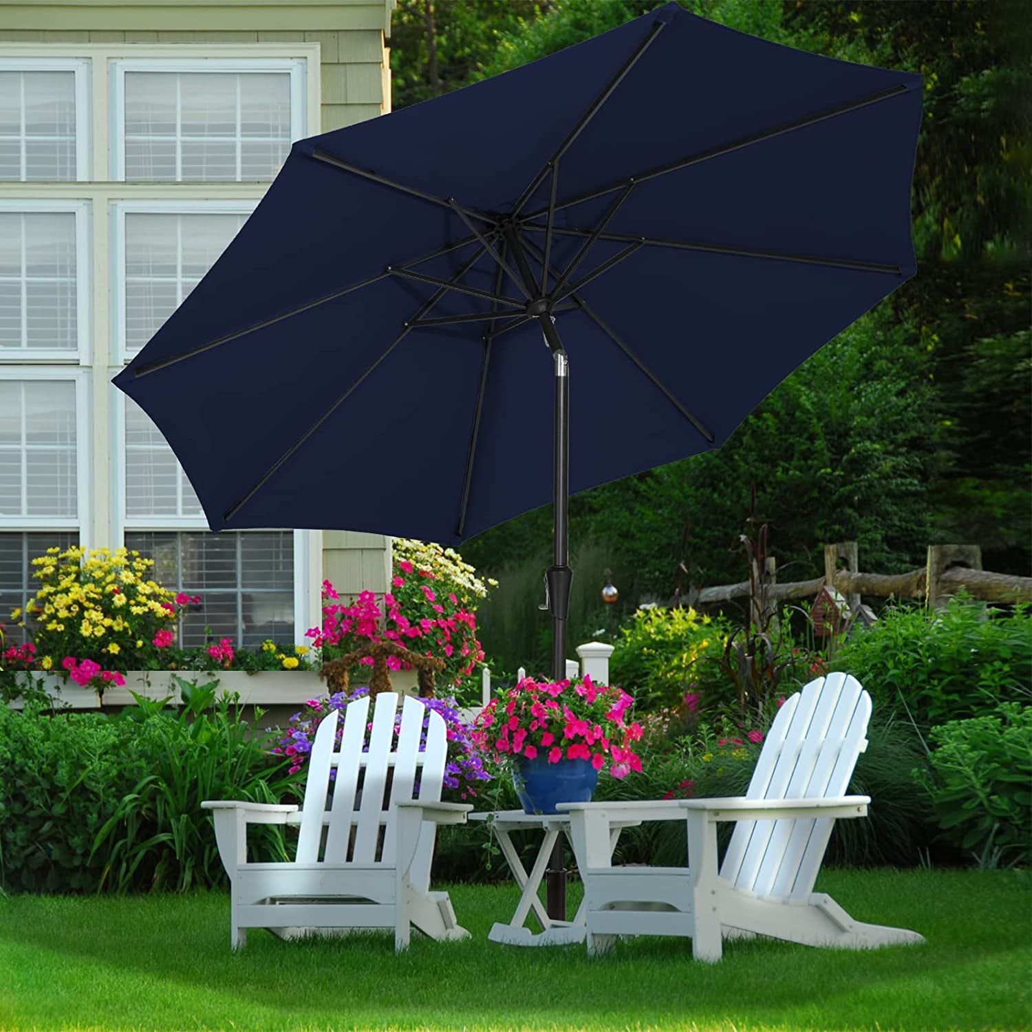 CozyBox Navy Blue Premium 9ft Patio Umbrella Backyard Sun Shade with 8 Ribs/Tilt Adjustment and Crank Lift System Outdoor Umbrella