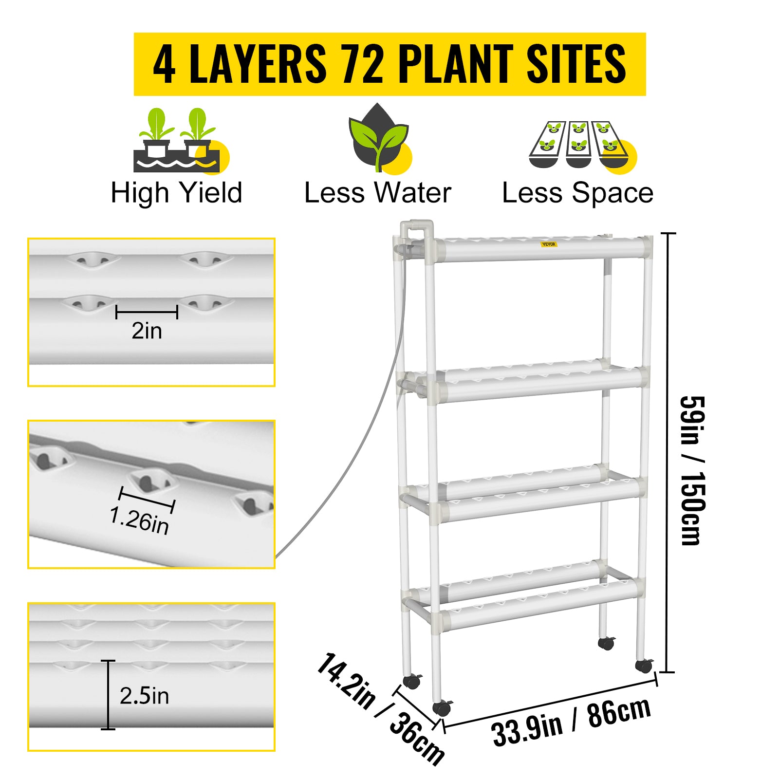 VEVOR Hydroponic Site Grow Kit 4 Layer 72 Plant Sites， 8 PVC Pipes Hydroponic Indoor Plant Growing System， Food-Grade Pipe Plant Grow Kit with Water Pump and Timer