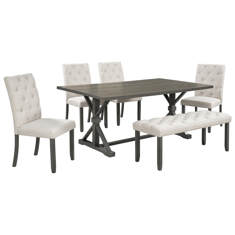 6 Piece Dining Table Set with Wood Table  4 Chairs and Bench