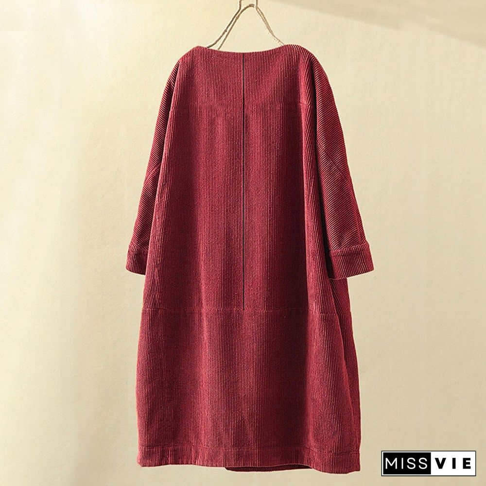 Pleated Long Sleeve Casual Solid Casualdress Linen