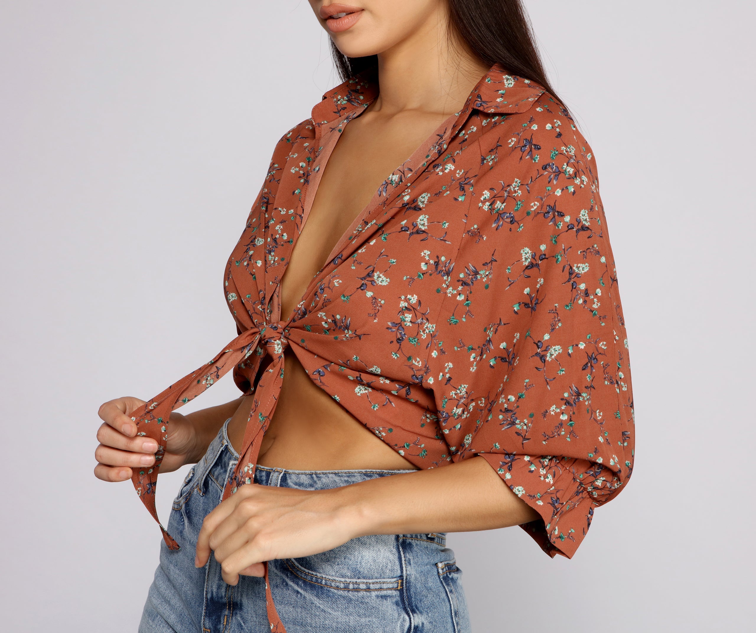 Floral Charm Tie Front Top