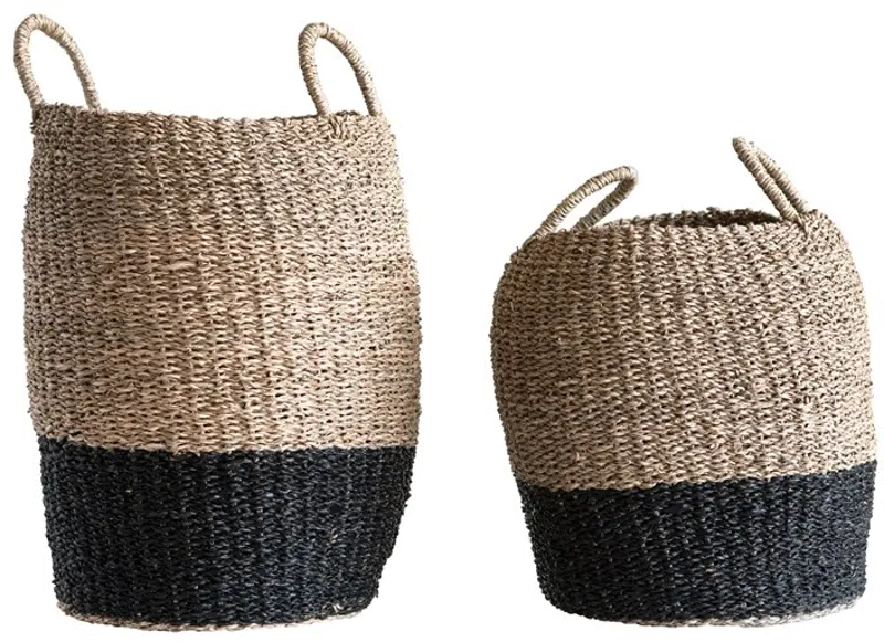 12 Inch Natural and Black Woven Sea Grass Basket with Handles