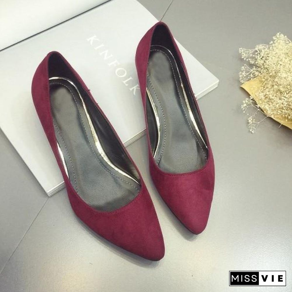 Women Low Heel Pumps Flock Plain Shallow Slip On Flats Shoes