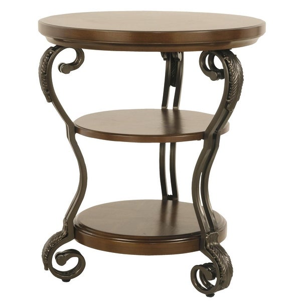 Chair Side End Table with 2 Open Shelves and Scrolled Metal Base， Brown - 25.75 H x 21.88 W x 21.88 L Inches