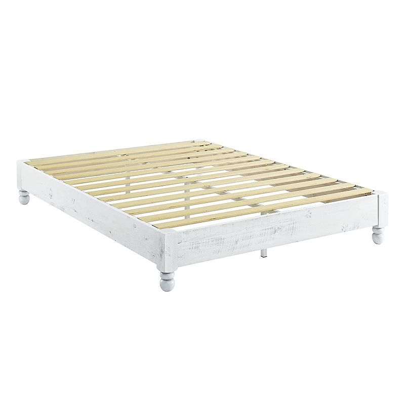 MUSEHOMEINC Pine Wood 12 Slat Platform Rustic Bed Frame， Whitewashed， Queen