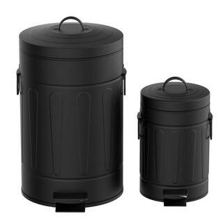 Innovaze 3.2 Gal.12-Liter and 0.8 Gal. 3-Liter Old Time New York Style Round Black Metal Step-on Trash Can Set MGCS-AP1802