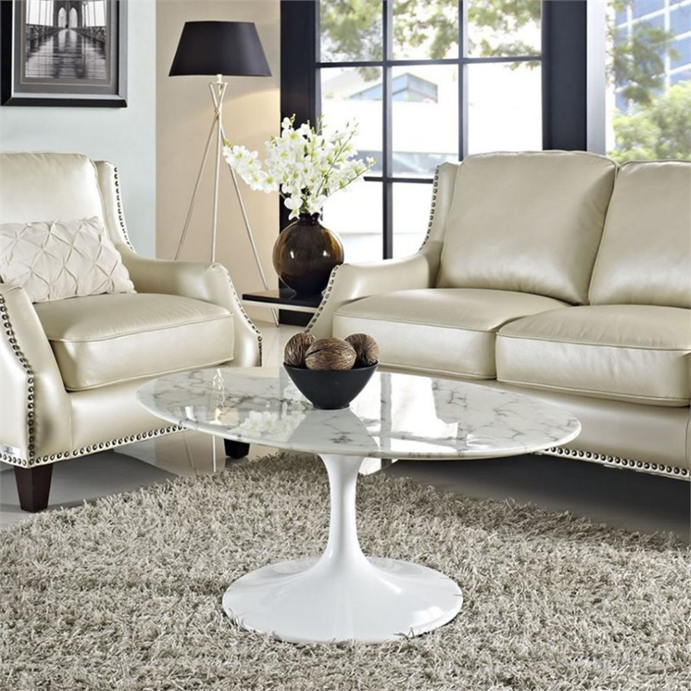 Pemberly Row  Oval Faux Marble Top Coffee Table in White   Midcentury   Coffee Tables   by Homesquare  Houzz