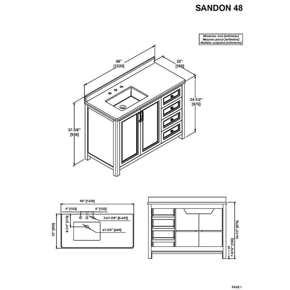 Home Decorators Collection Sandon 48 in. W x 22 in. D x 34.5 in. H Single Sink Bath Vanity in White with White Carrara Marble Top Sandon 48W