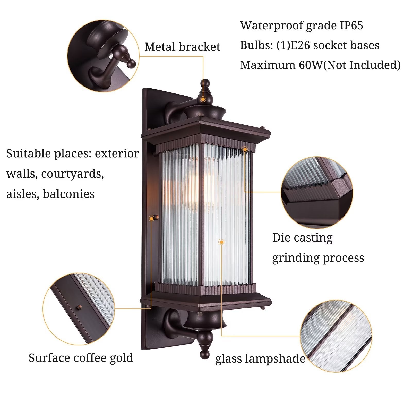 Waterproof Outdoor Wall Lanterns Sconces, Garage Patio Front Porch Exterior Wall Lamp with Seeded Glass Shade E27 Base Hardwired Installation