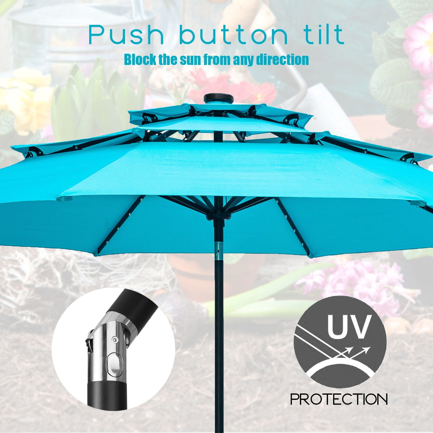 Autlaycil 10Ft 3 Tiers Patio Umbrellas Solar 32 LED Lighted Umbrella with 8 Ribs Patio Table Umbrella, Blue