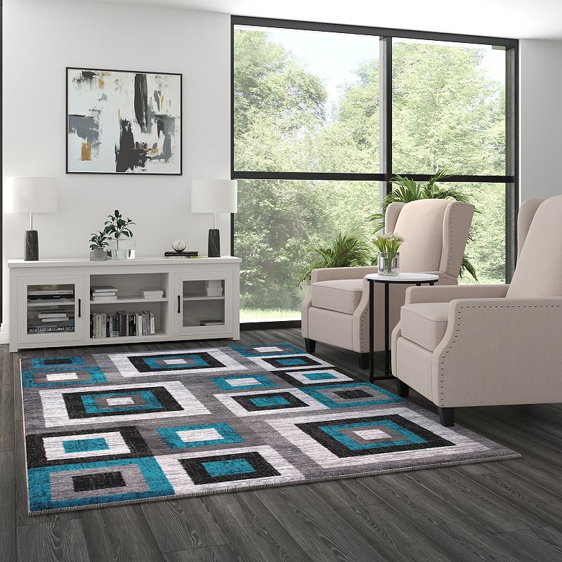 Masada Rugs Newton Collection Modern 6'x9' Accent Rug with Geometric Square Pattern in Turquoise， Gray and White