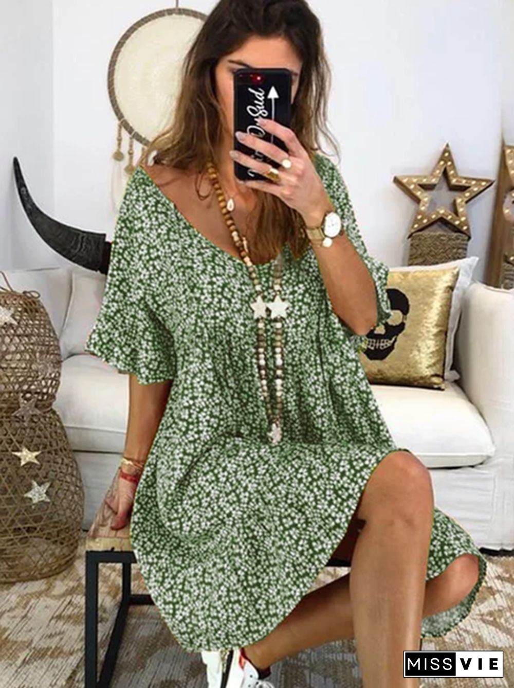 Women Boho Cotton Floral Printed V Neck Weaving Dress