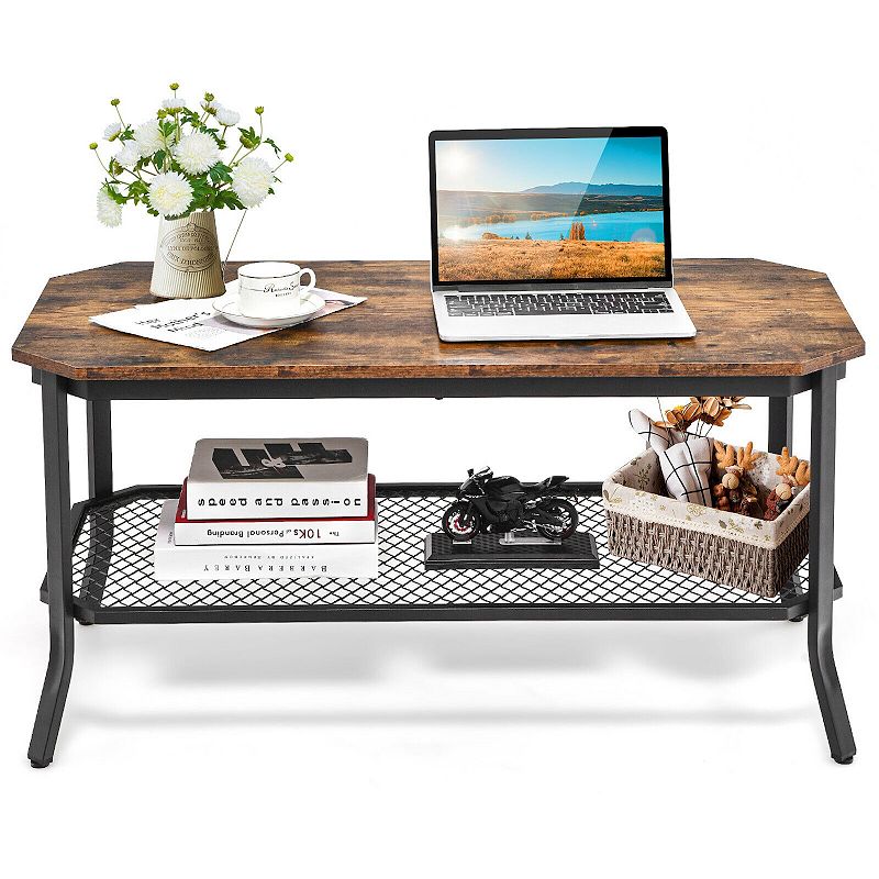 2-Tier Industrial Coffee Table with Open Mesh Storage Shelf for Living Room-Rustic Brown