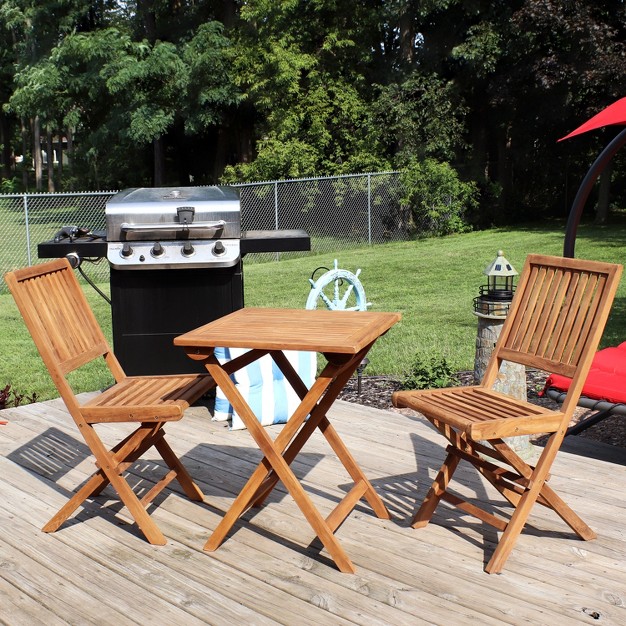 Sunnydaze Outdoor Solid Teak Wood With Stained Finish Nantasket Folding Bistro Table And Chairs Brown 3pc