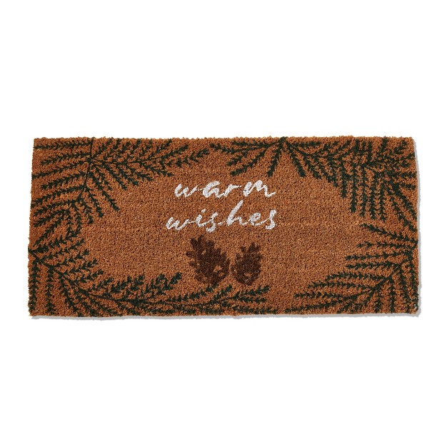 Warm Wishes Sentiment Pine Cone Rectangle Indoor Outdoor Estate Coir Door Welcome Mat Green On Brown Background