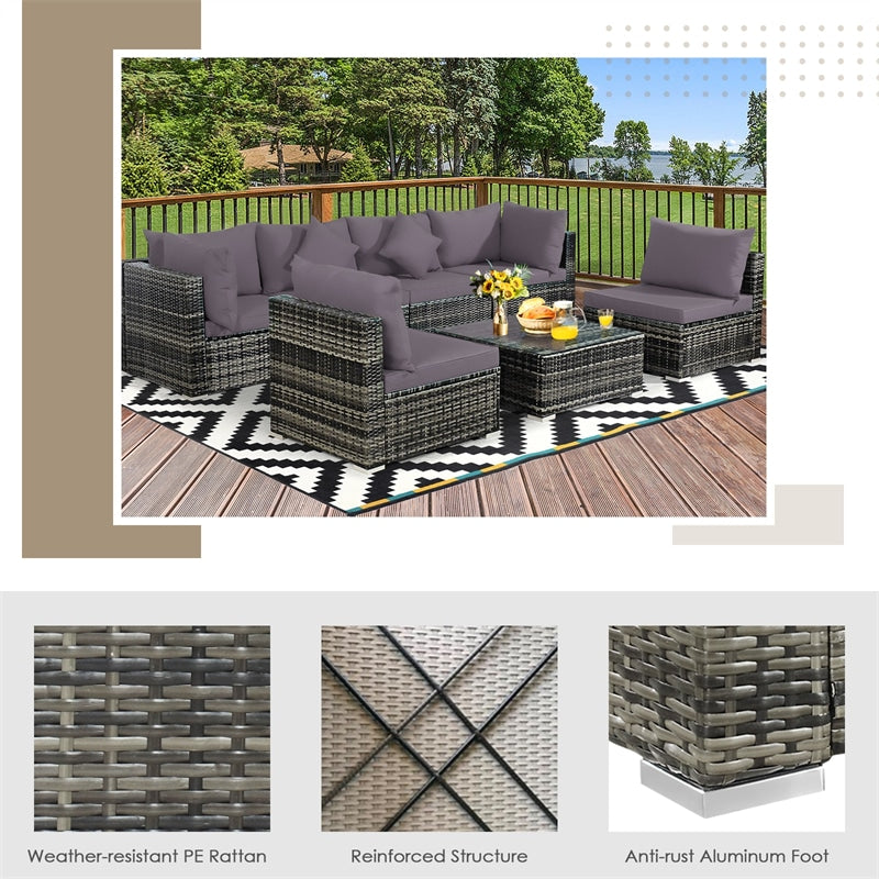 7 Pcs Rattan Patio Sectional Couch Set Outdoor Wicker Furniture Set with Cushions & Coffee Table