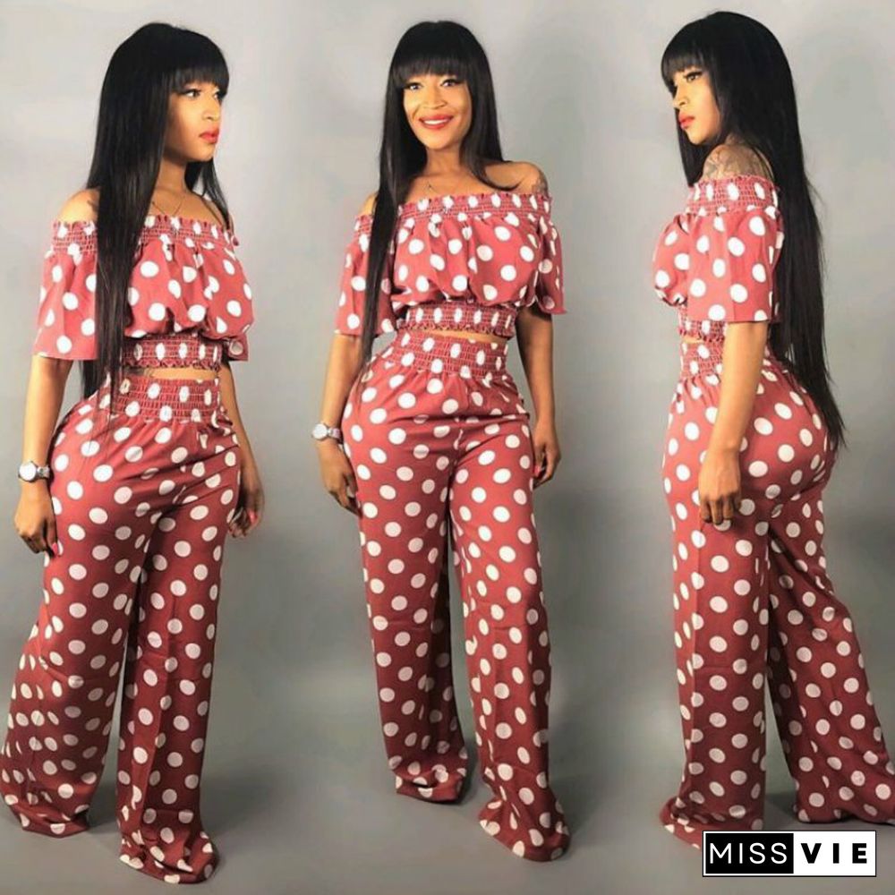 Stylish Off Shoulder Polka-dot Top Wide-leg Pants 2 Piece Set