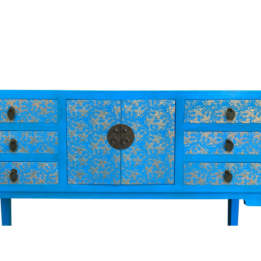 Bright Blue Lacquer Golden Flower Graphic Drawers Slim Foyer Side Table Hcs7153   Asian   Console Tables   by Golden Lotus Antiques  Houzz