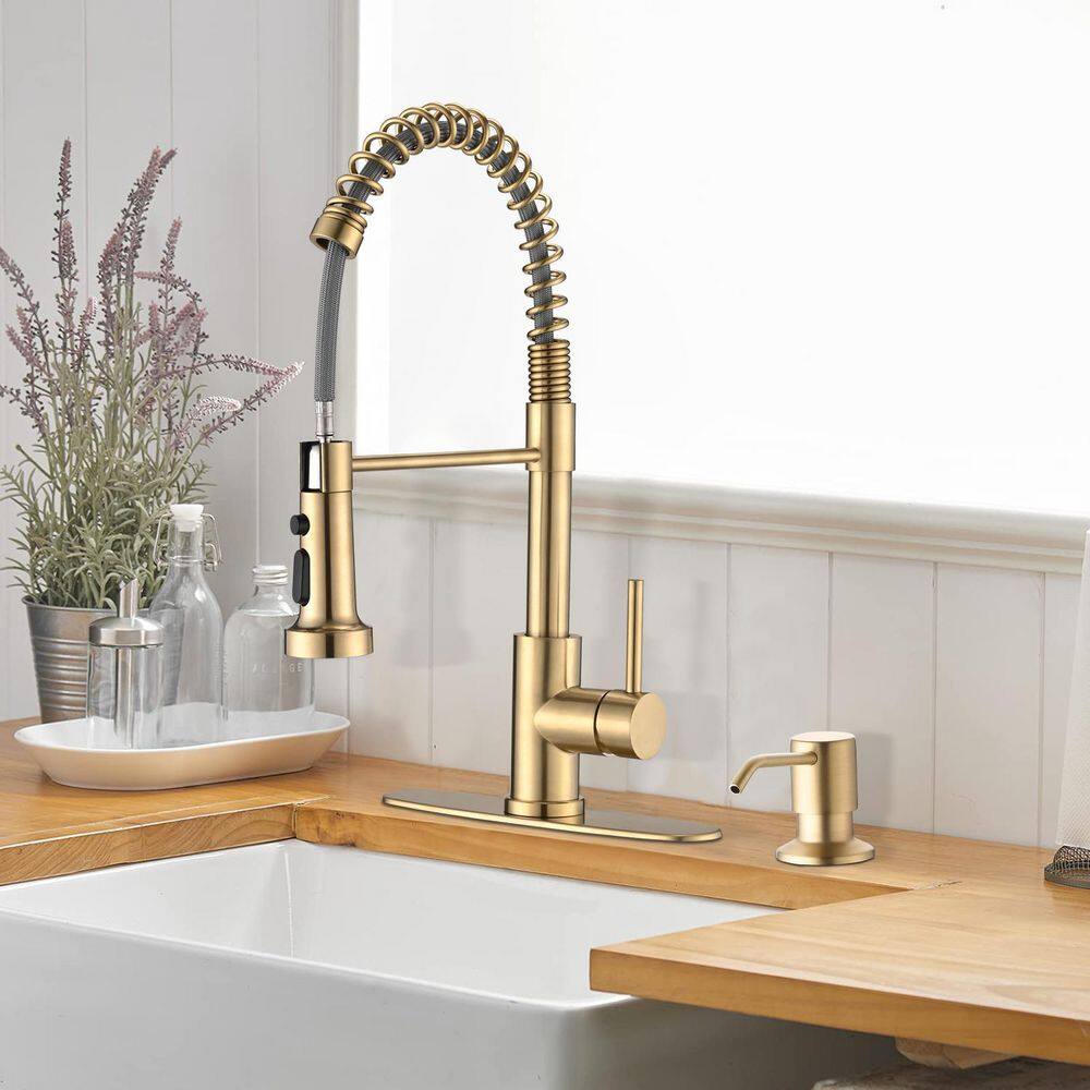 PROOX Single-Handle Deck Mount Spring Pull-Down Sprayer Kitchen Faucet with Deckplate in Brushed Gold PR21AARX289BG