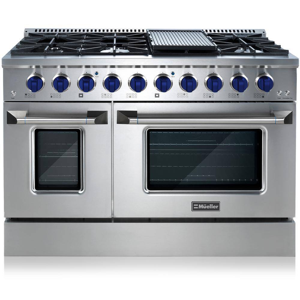 MUELLER 48 in. 6.7 cu. ft. Freestanding Double Oven Gas Range with 8 Burners and Griddle in Stainless Steel with Blue Knobs GR-670B