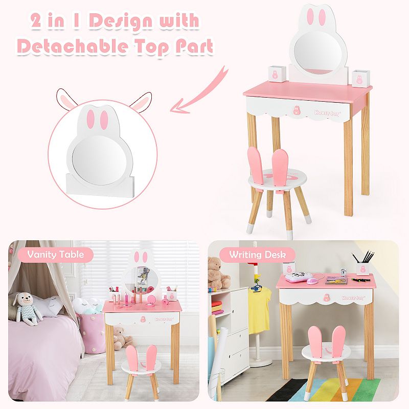 Kids Vanity Set Rabbit Makeup Dressing Table Chair Set with Mirror and Drawer