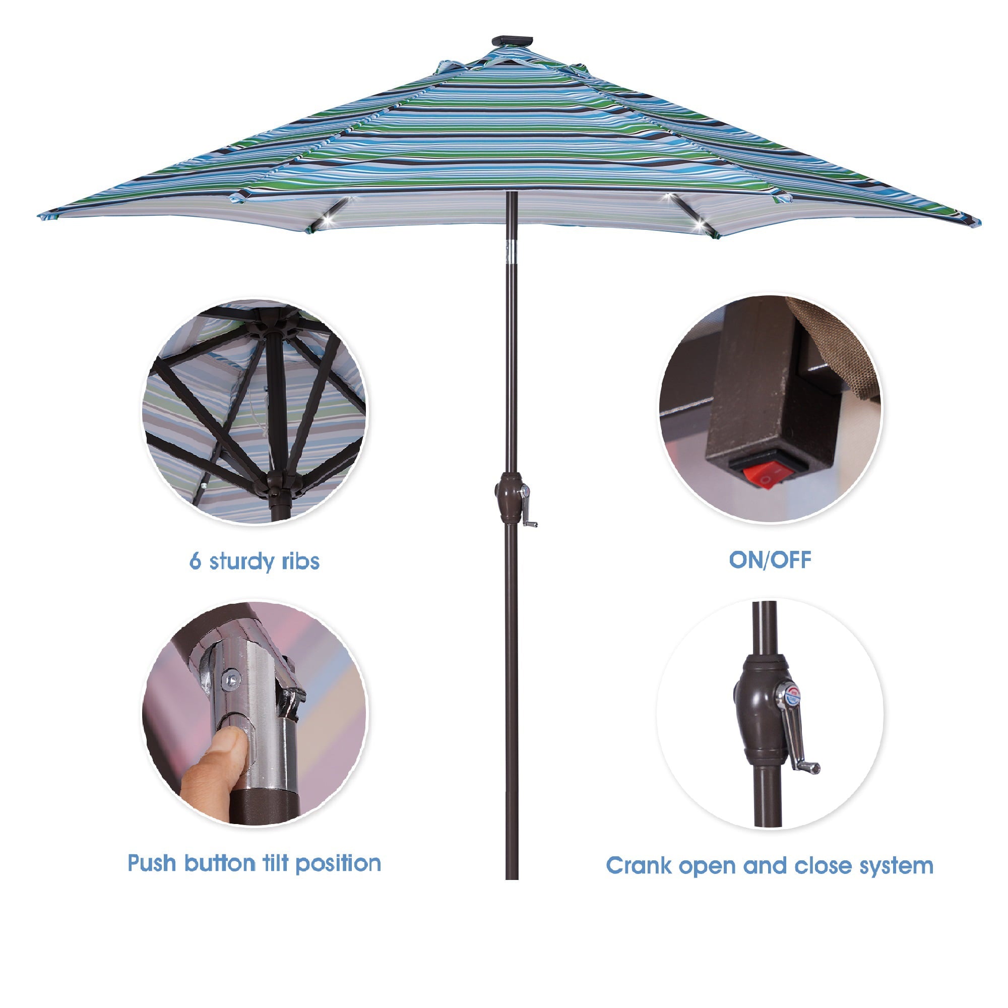 walmeck Outdoor Patio 8.7-Feet Market Table Umbrella with Push Button Tilt and Crank, Blue Stripes With 24 [Umbrella Base is not Included]