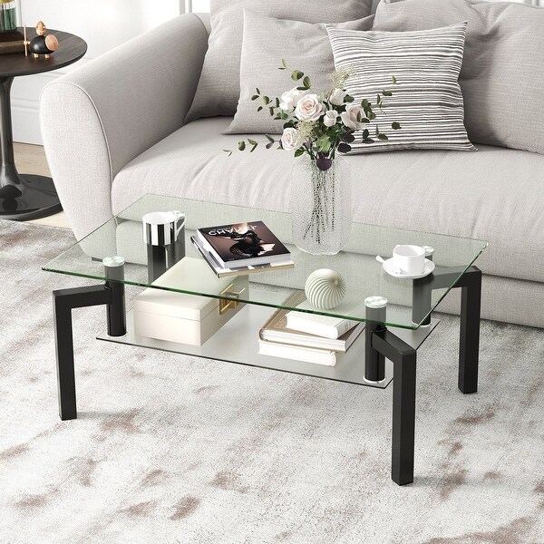 Gymax Glass Coffee Table 2-Tier Tempered Accent Table w/ Metal Tube