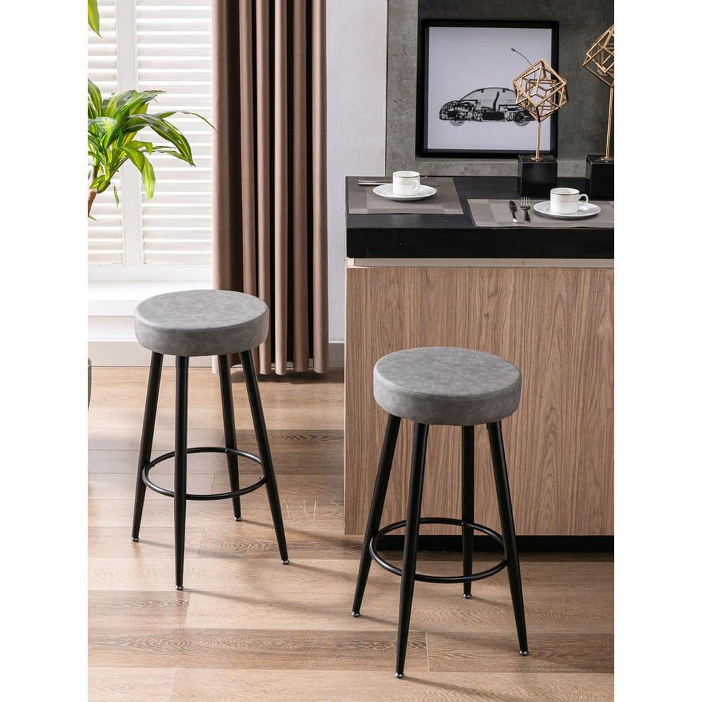 Amucolo 28.3 in. Gray Backless Metal Round Kitchen Counter Bar Stool for Counter Pub Height (Set of 2) AA-CYW1-205